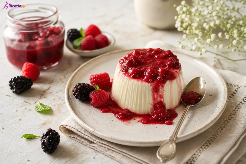Pannacotta vegan senza panna con coulis ai frutti di bosco