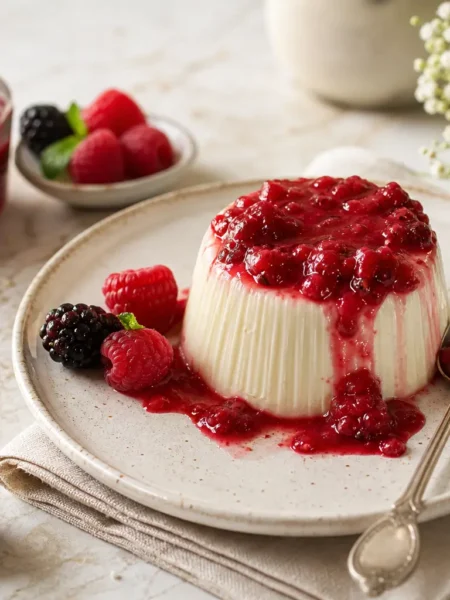 Pannacotta vegan senza panna con coulis ai frutti di bosco