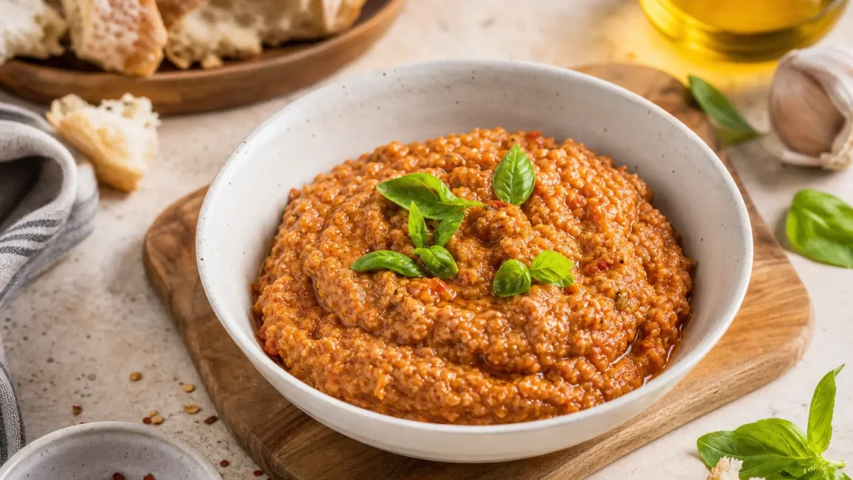 Pappa al pomodoro con verdurine e basilico fresco in ciotola
