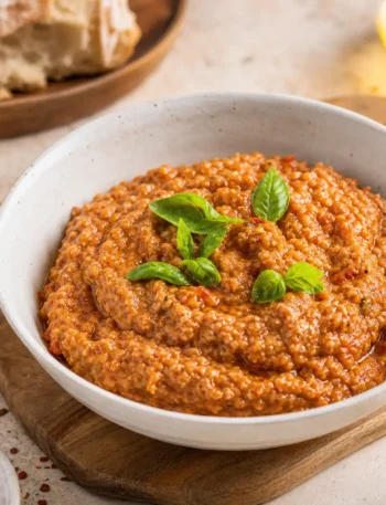 Pappa al pomodoro con verdurine e basilico fresco in ciotola