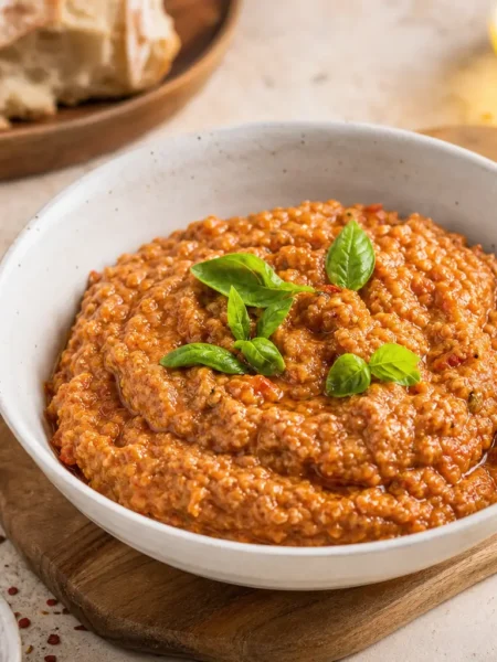 Pappa al pomodoro con verdurine e basilico fresco in ciotola