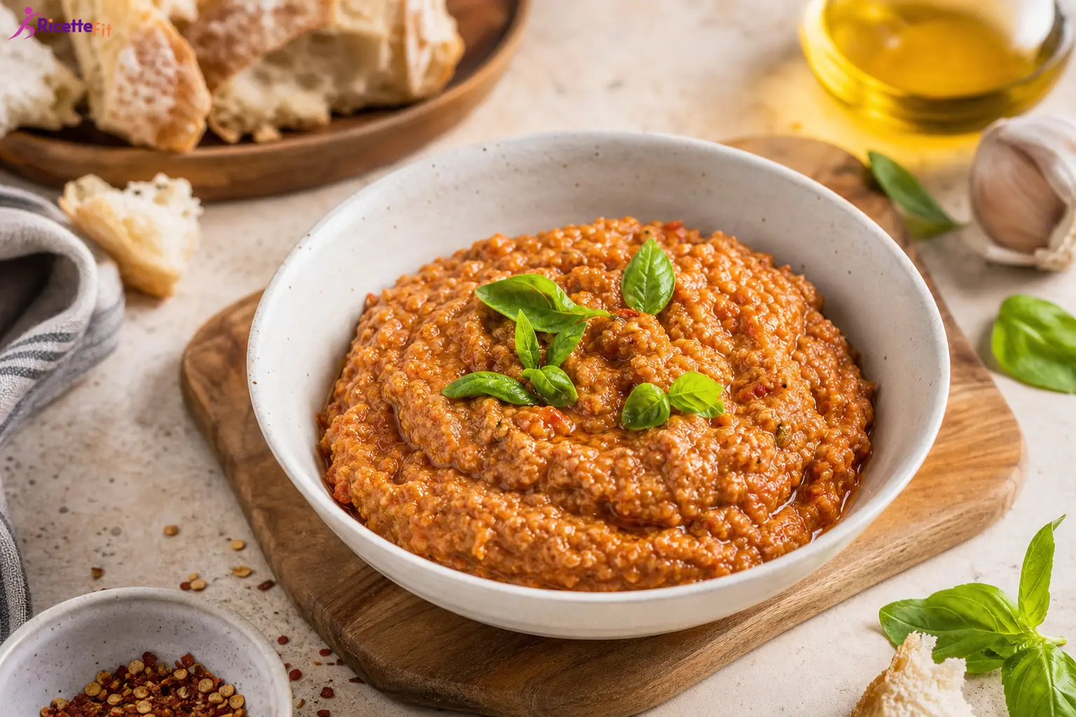Pappa al pomodoro con verdurine e basilico fresco in ciotola