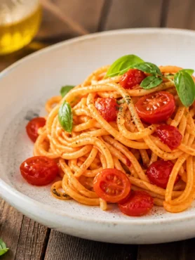 Pasta al pomodoro fresco con pomodorini ciliegino e basilico