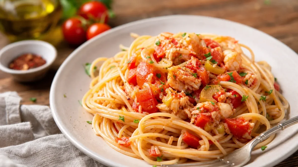 Pasta al sugo di triglie e pomodorini con olive verdi