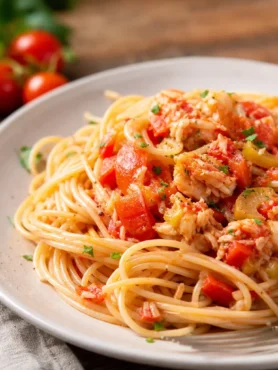 Pasta al sugo di triglie e pomodorini con olive verdi