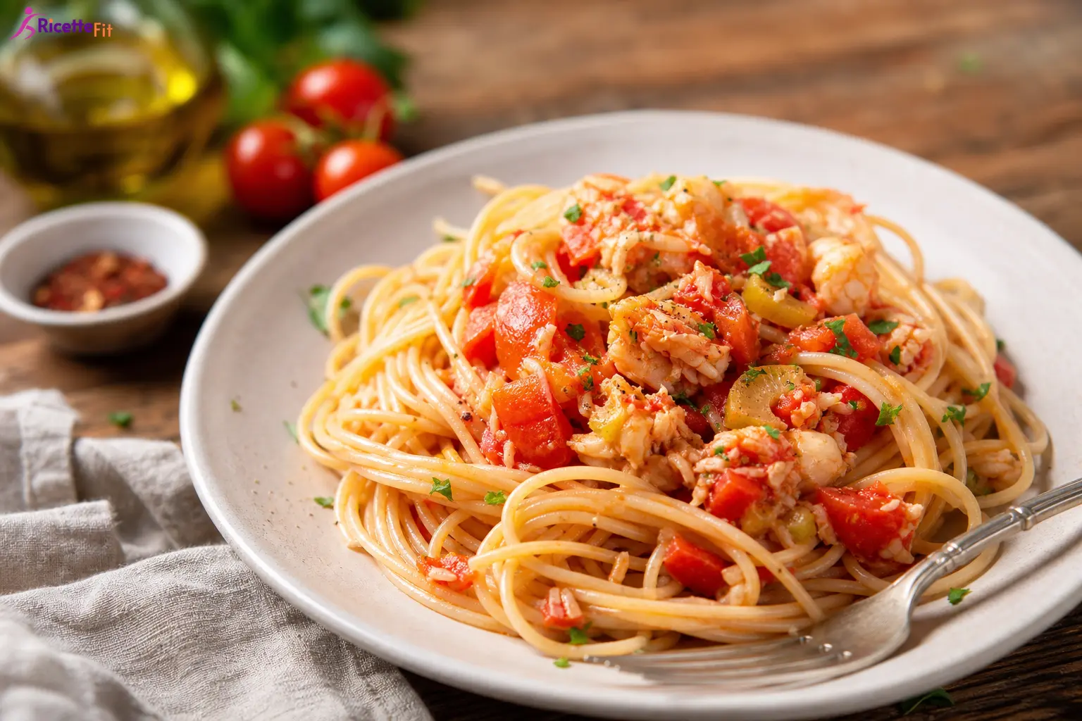 Pasta al sugo di triglie e pomodorini con olive verdi