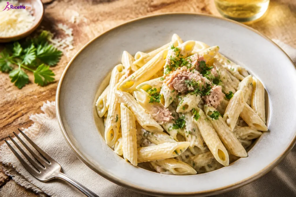 Pasta al tonno e Philadelphia fit con penne cremose e prezzemolo