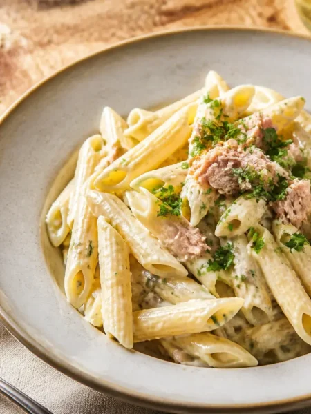 Pasta al tonno e Philadelphia fit con penne cremose e prezzemolo