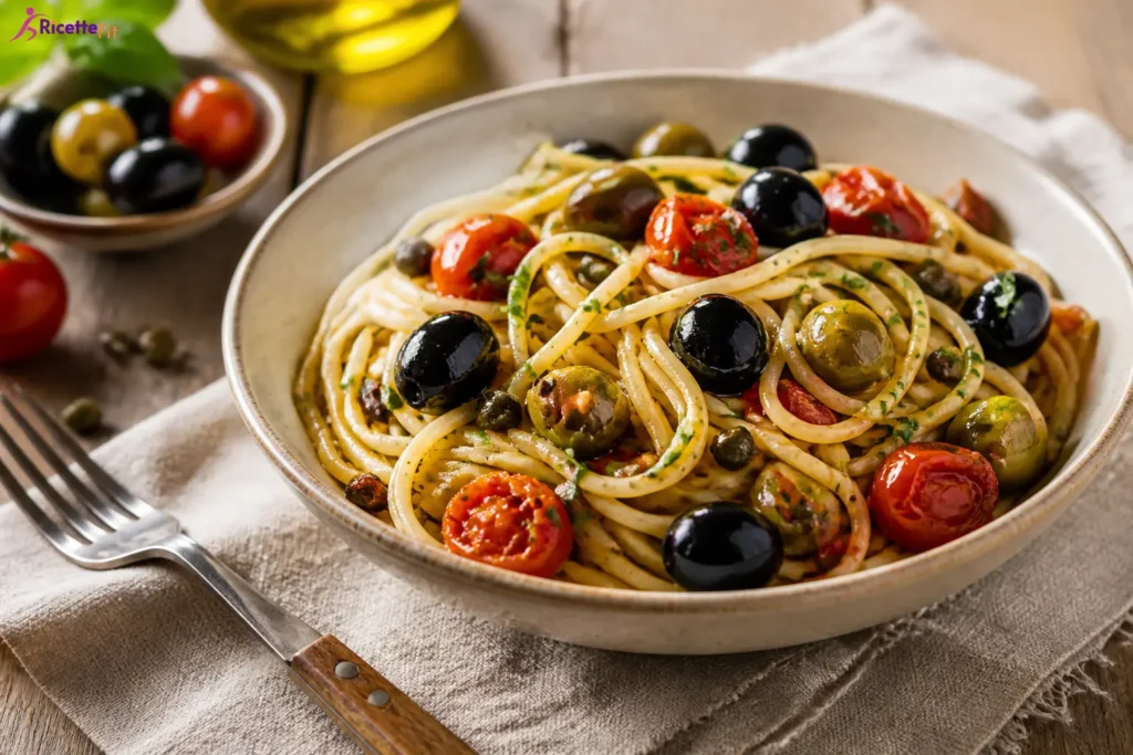 Pasta alla eoliana fit con pomodorini olive e capperi