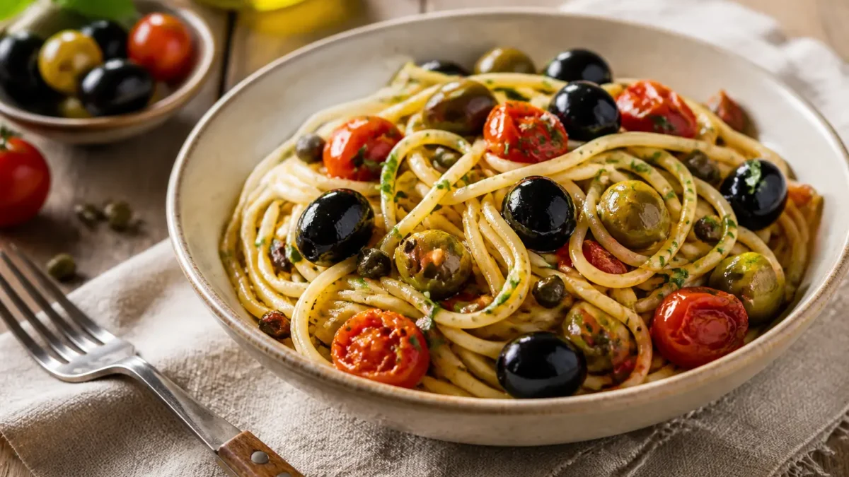 Pasta alla eoliana fit con pomodorini olive e capperi
