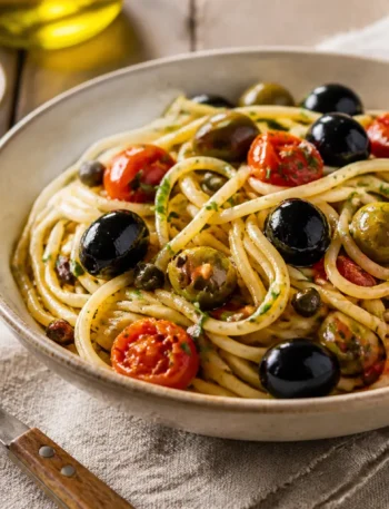 Pasta alla eoliana fit con pomodorini olive e capperi