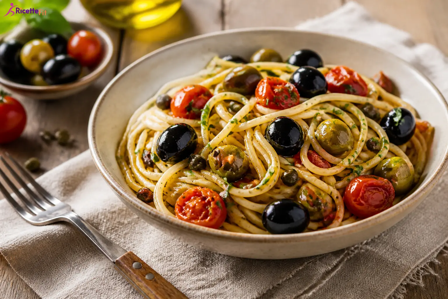 Pasta alla eoliana fit con pomodorini olive e capperi
