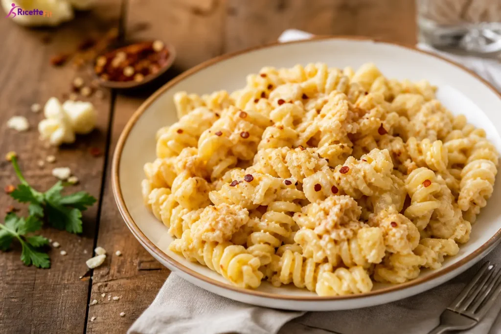 Pasta cavolfiore e mollica tostata con fusilli cremosi