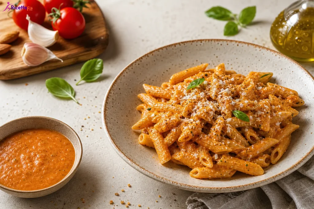 Penne integrali con pesto alla trapanese fit, basilico e pecorino