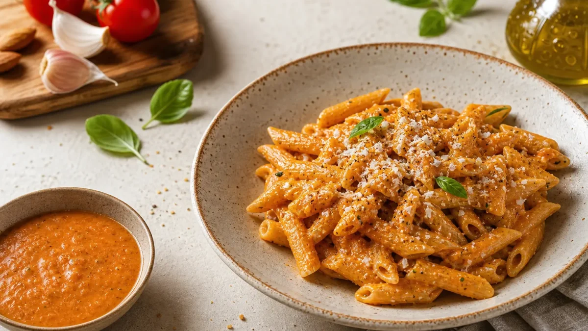 Penne integrali con pesto alla trapanese fit, basilico e pecorino