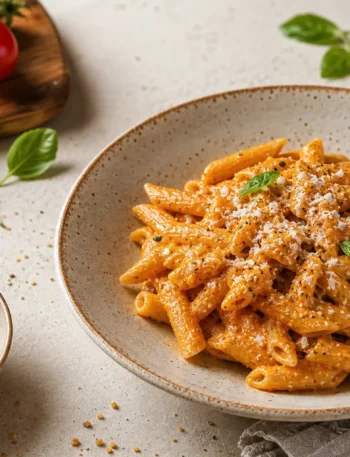 Penne integrali con pesto alla trapanese fit, basilico e pecorino