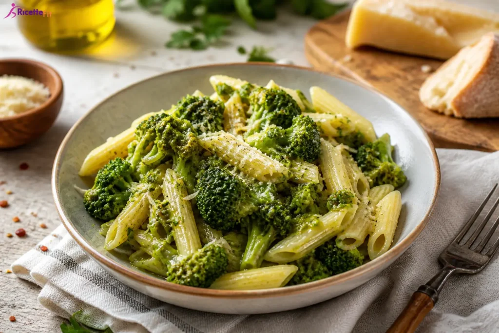Pasta con broccoli e limone cremosa con penne rigate e Parmigiano