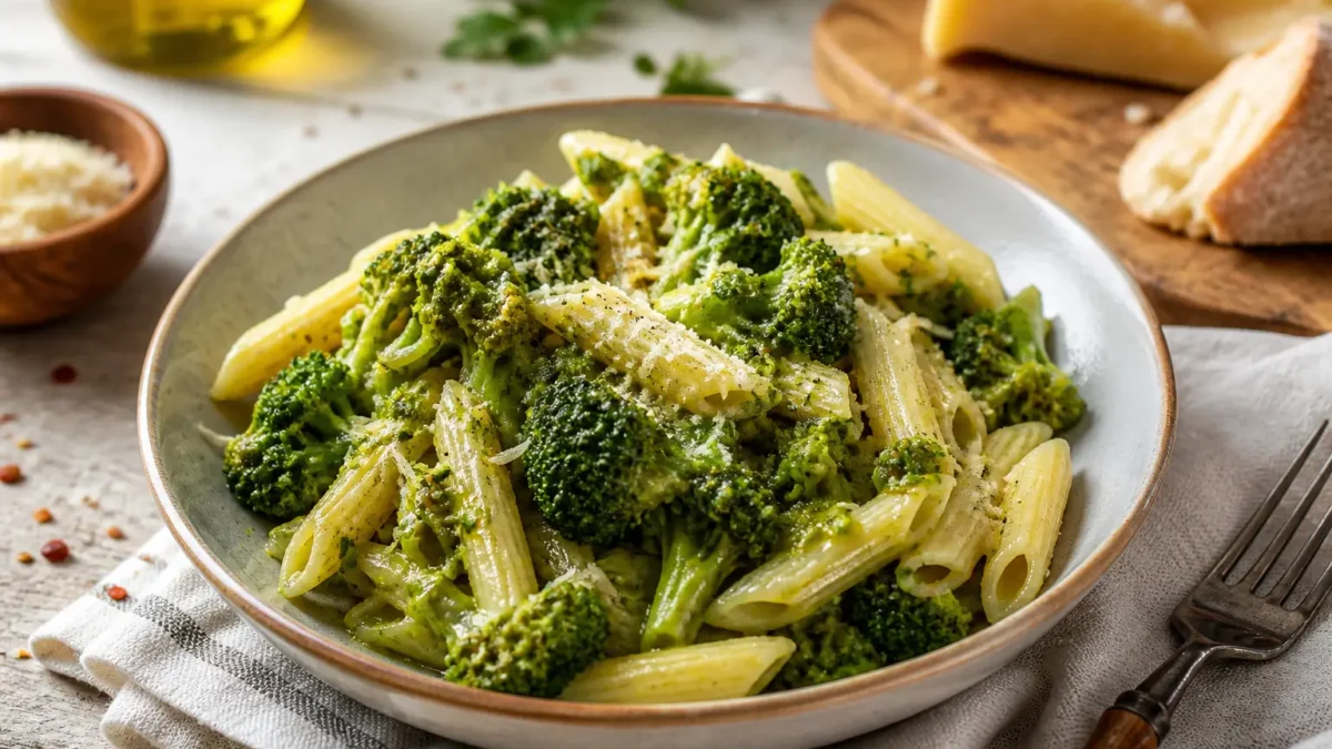 Pasta con broccoli e limone cremosa con penne rigate e Parmigiano