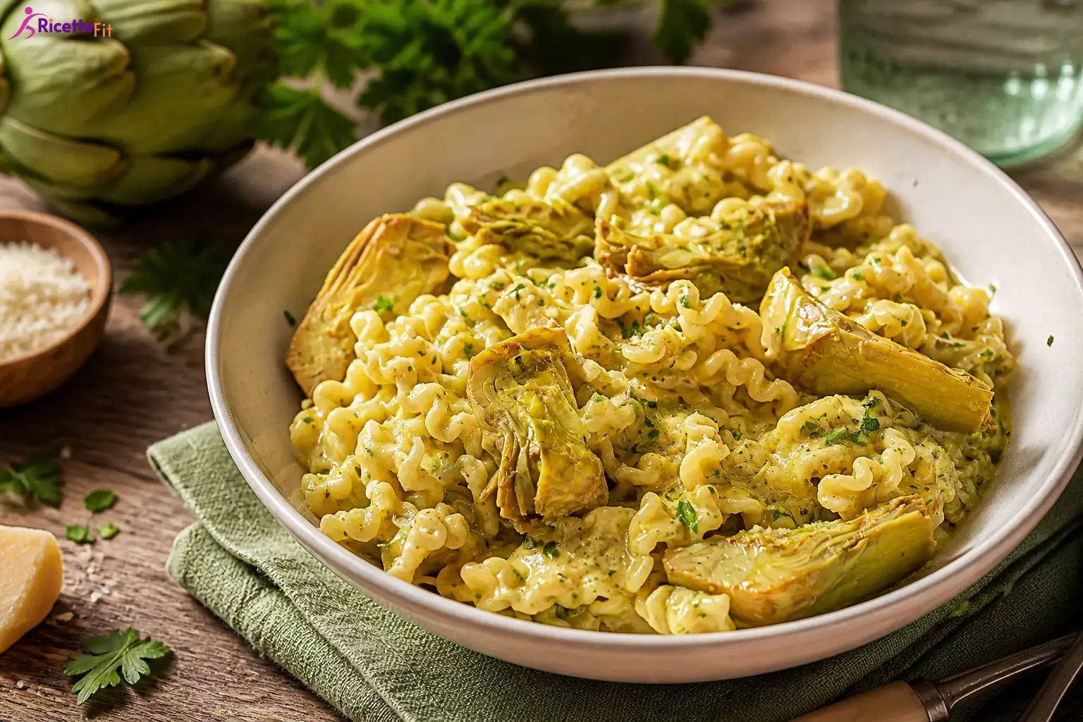 Pasta cremosa con carciofi, parmigiano e prezzemolo