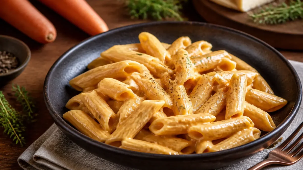 Pasta con crema di carote e zenzero in ciotola nera