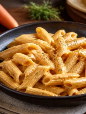 Pasta con crema di carote e zenzero in ciotola nera