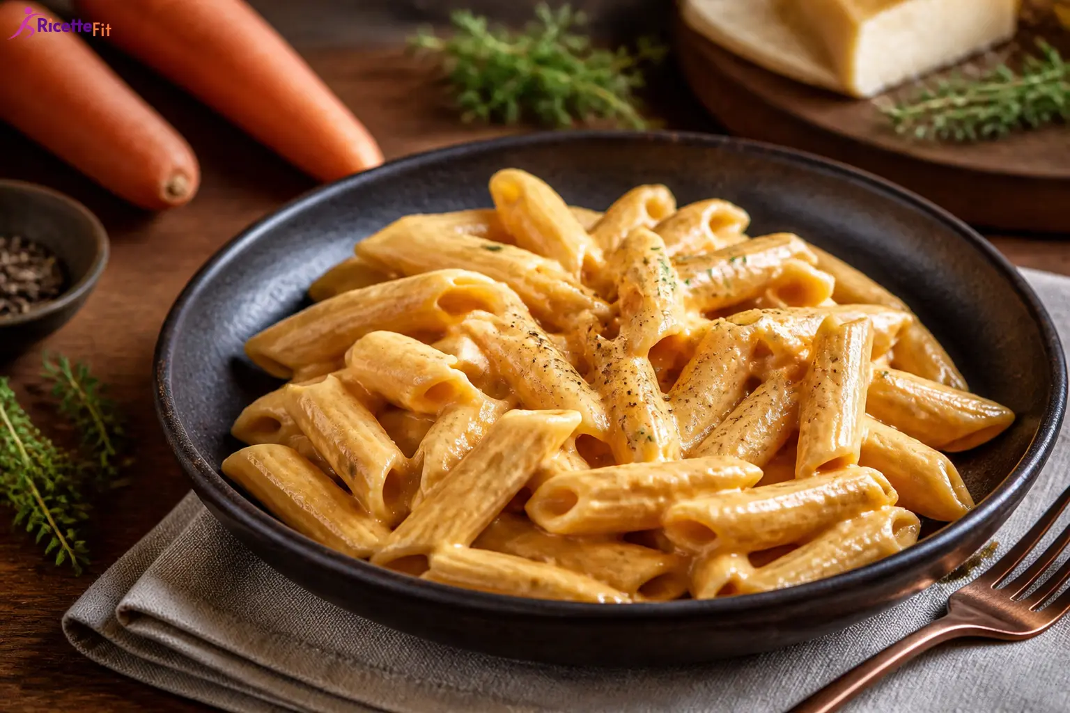 Pasta con crema di carote e zenzero in ciotola nera