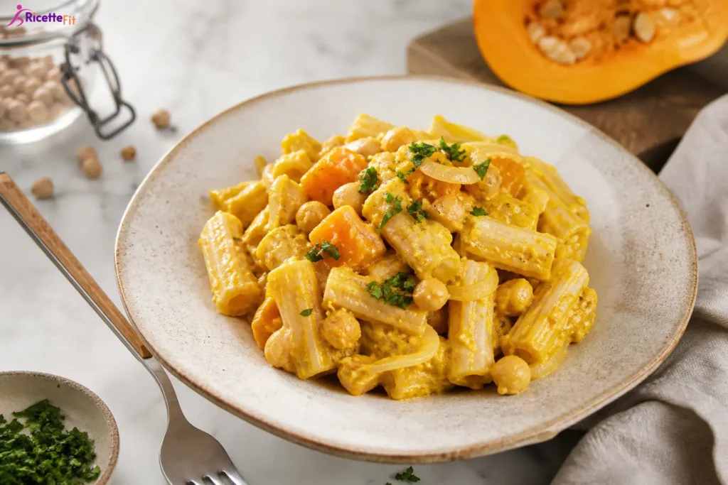 Pasta con crema di ceci e zucca servita in piatto fondo
