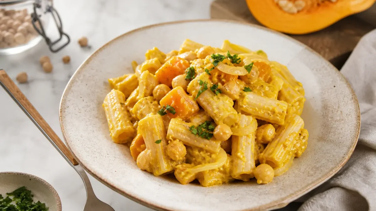 Pasta con crema di ceci e zucca servita in piatto fondo