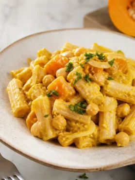 Pasta con crema di ceci e zucca servita in piatto fondo