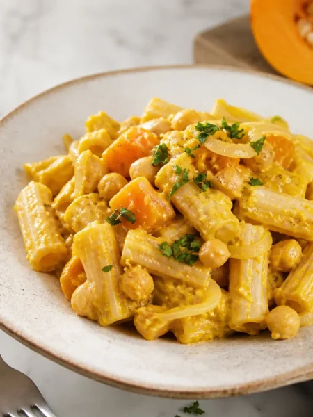 Pasta con crema di ceci e zucca servita in piatto fondo
