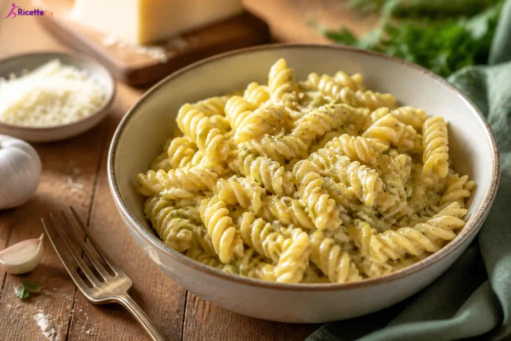 Fusilli con crema di zucchine e Parmigiano in ciotola