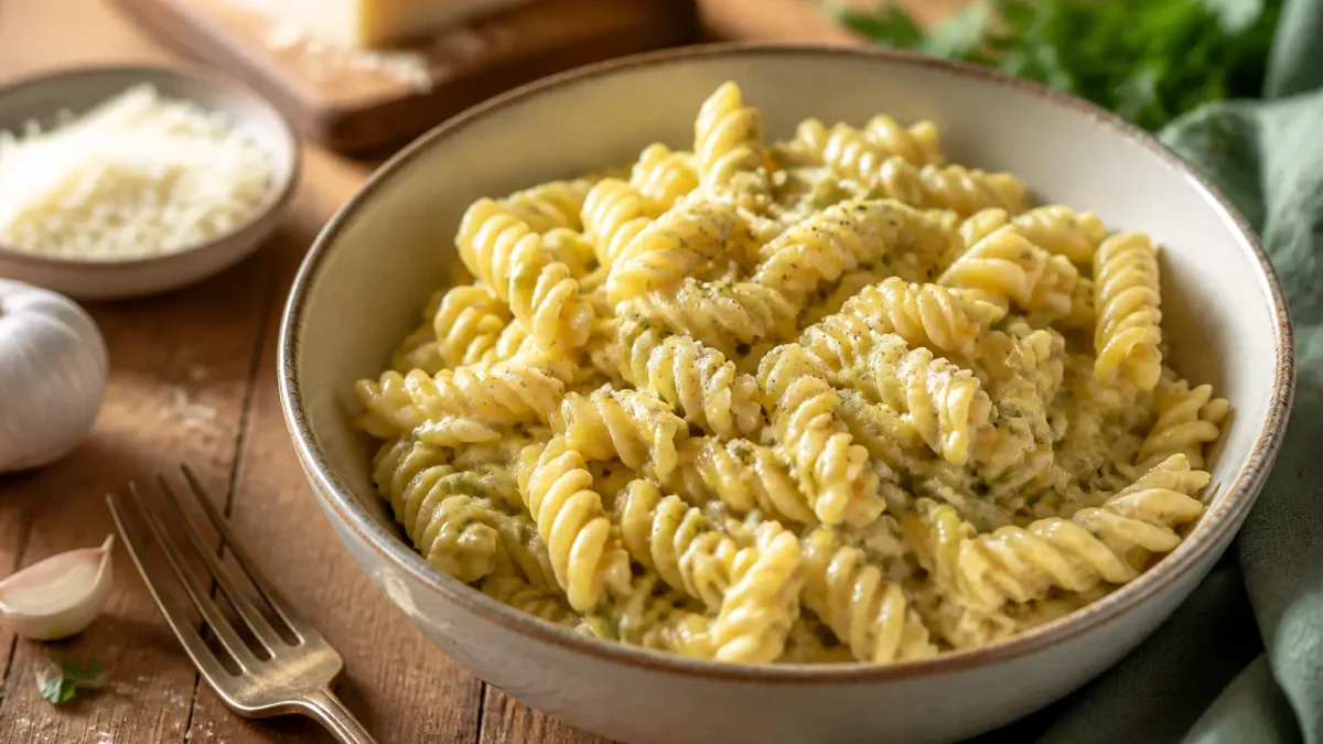 Fusilli con crema di zucchine e Parmigiano in ciotola