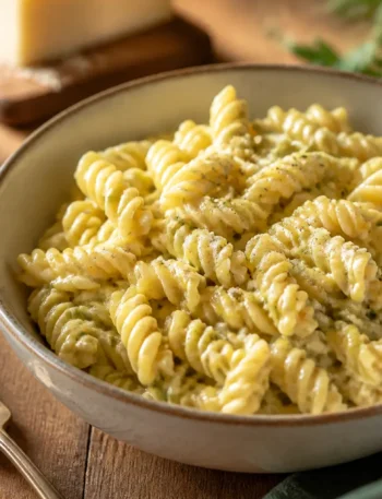 Fusilli con crema di zucchine e Parmigiano in ciotola