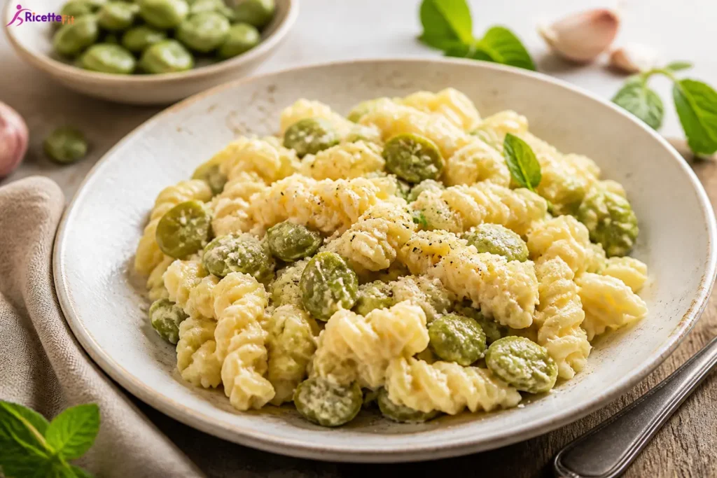 Pasta con fave e ricotta cremosa con fusilli, menta e parmigiano