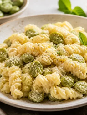 Pasta con fave e ricotta cremosa con fusilli, menta e parmigiano