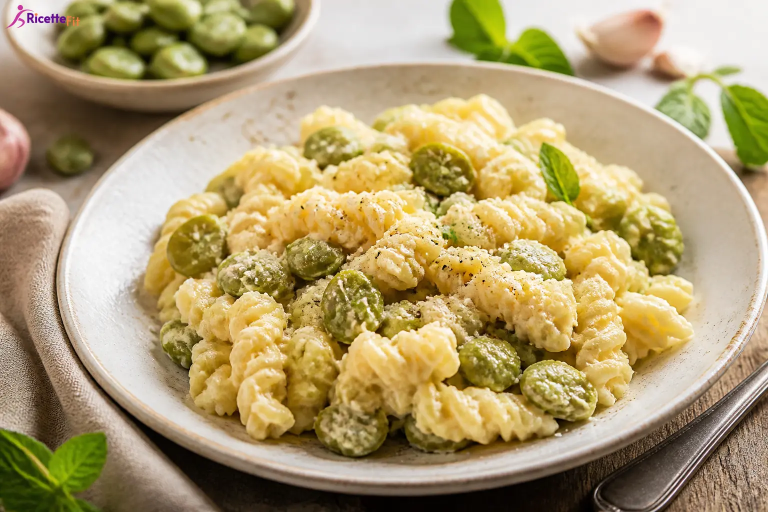 Pasta con fave e ricotta cremosa con fusilli, menta e parmigiano