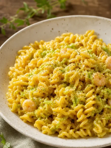 Pasta con gamberi, zucchine e curcuma cremosa in piatto fondo