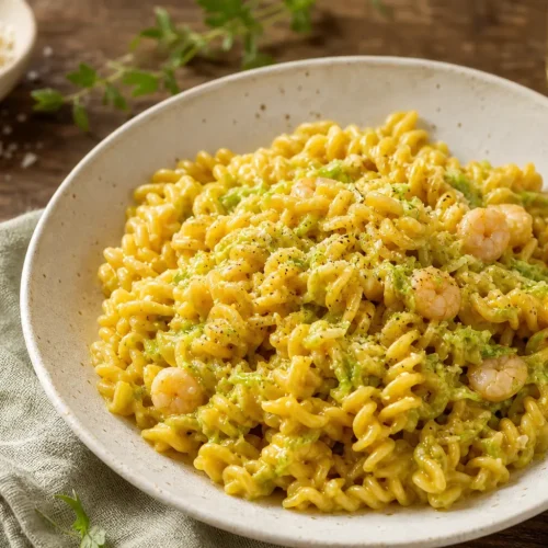 Pasta con gamberi, zucchine e curcuma
