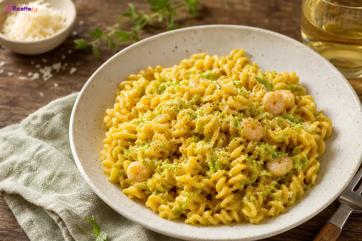 Pasta con gamberi, zucchine e curcuma cremosa in piatto fondo