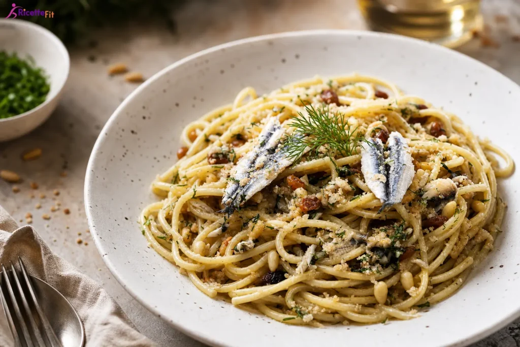 Pasta con le sarde alla siciliana fit con finocchietto, uvetta e pinoli