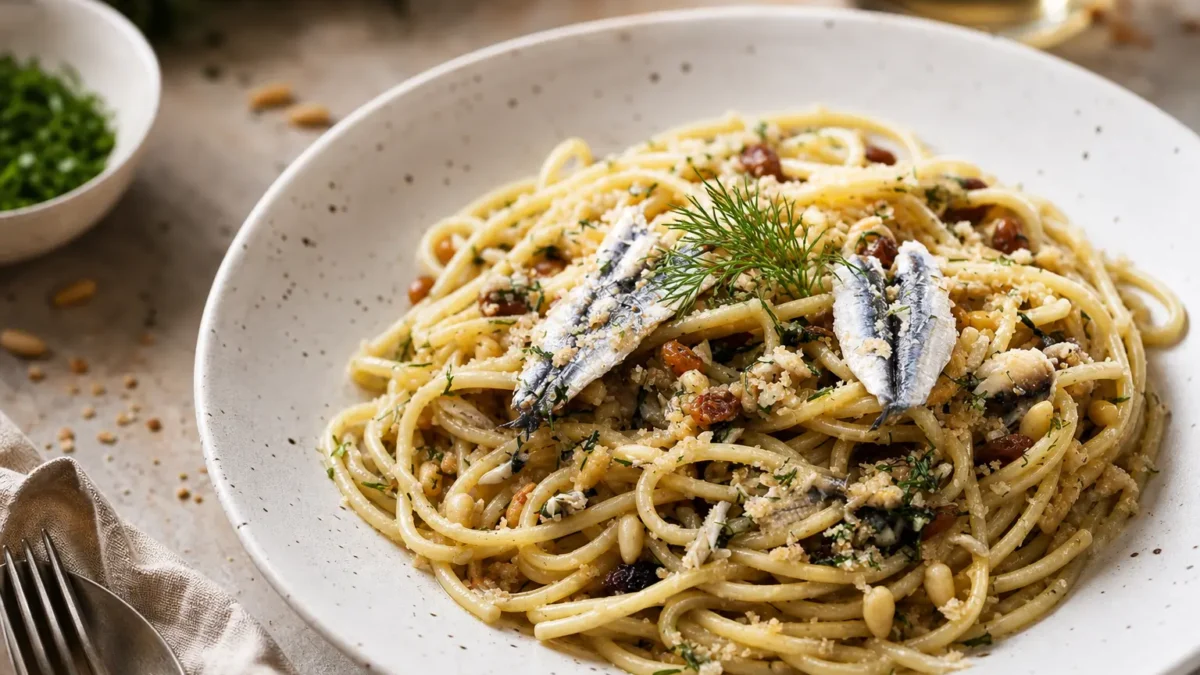 Pasta con le sarde alla siciliana fit con finocchietto, uvetta e pinoli