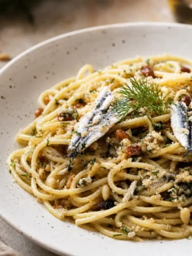 Pasta con le sarde alla siciliana fit con finocchietto, uvetta e pinoli