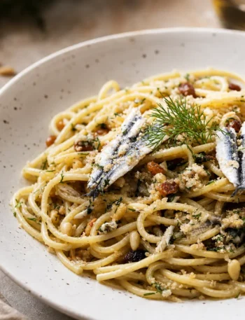 Pasta con le sarde alla siciliana fit con finocchietto, uvetta e pinoli