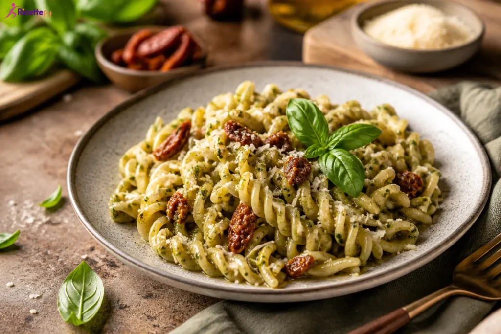 Fusilli integrali con pesto al pistacchio, pomodorini e basilico fresco