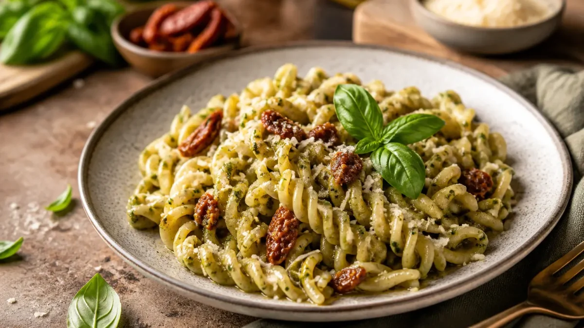 Fusilli integrali con pesto al pistacchio, pomodorini e basilico fresco