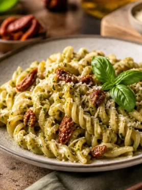 Fusilli integrali con pesto al pistacchio, pomodorini e basilico fresco