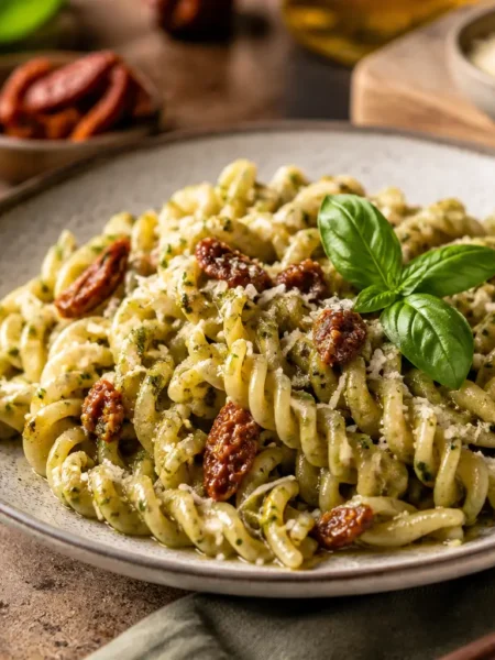 Fusilli integrali con pesto al pistacchio, pomodorini e basilico fresco