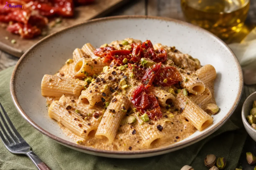Rigatoni integrali con pesto di pomodori secchi, ricotta e pistacchi
