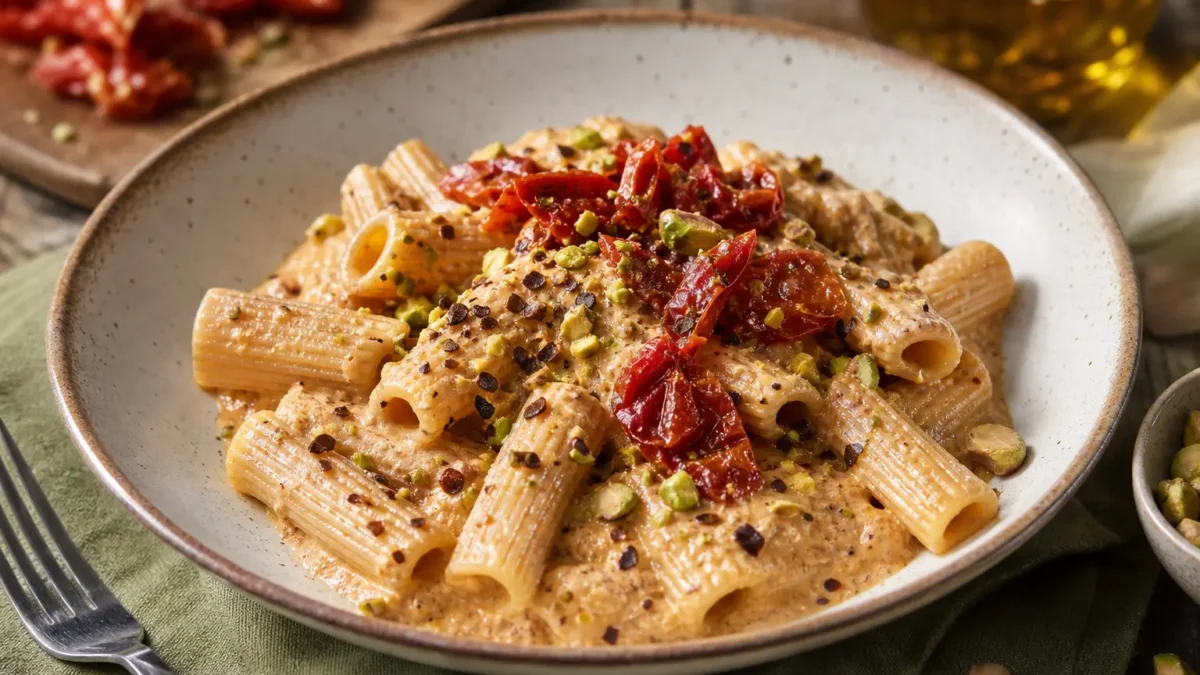 Rigatoni integrali con pesto di pomodori secchi, ricotta e pistacchi