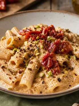 Rigatoni integrali con pesto di pomodori secchi, ricotta e pistacchi